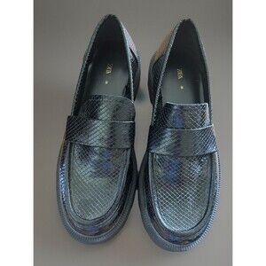 Zara Animal Print Lug Sole Penny Loafer Faux Snake Skin Black Size 7 New No Box